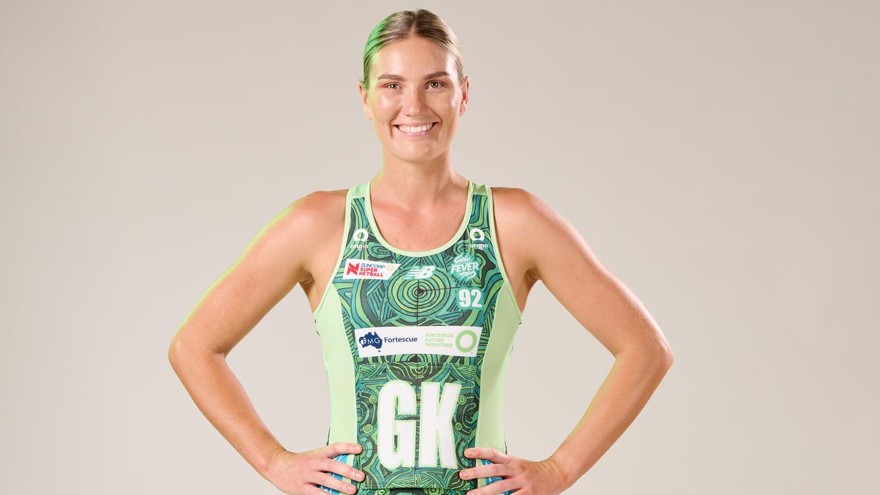 West Coast Fever captain Courtney Bruce in the team's First Nations dress designed by Noongar artists Peter Farmer and Kylie Graham.