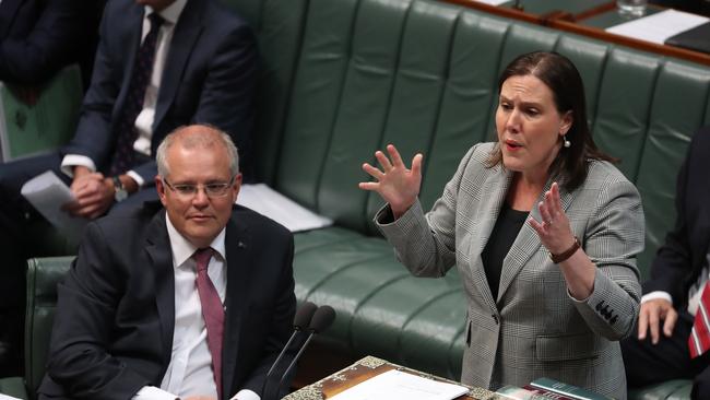 Prime Minister Scott Morrison with Kelly O'Dwyer during question time. Picture: Gary Ramage