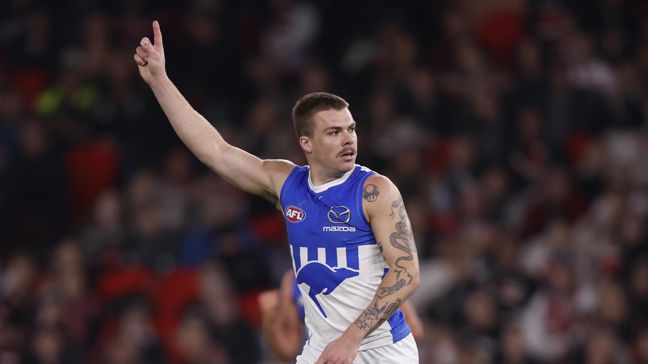 MELBOURNE, AUSTRALIA – MAY 04: Cameron Zurhaar of the Kangaroos celebrates a goal during the round eight AFL match between St Kilda Saints and North Melbourne Kangaroos at Marvel Stadium, on May 04, 2024, in Melbourne, Australia. (Photo by Darrian Traynor/Getty Images)