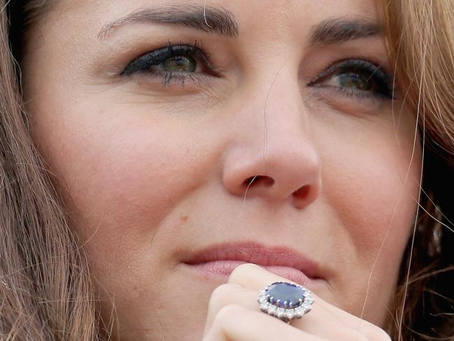 Catherine, Duchess of Cambridge, and her blue sapphire ring. Picture: Getty Images