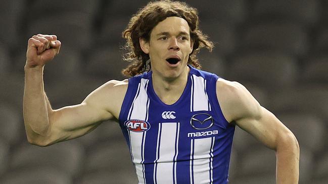 AFL Round 3. North Melbourne v Sydney at Marvel Stadium, Melbourne. 20/06/2020.  Ben Brown of the Kangaroos celebrates a 1st qtr goal   . Pic: Michael Klein