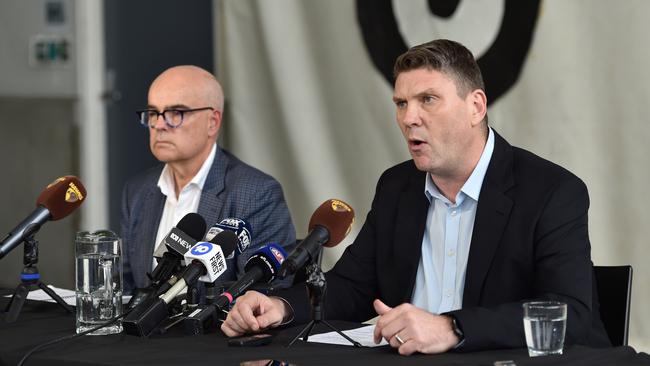 Hawthorn CEO Justin Reeves and incoming president Peter Nankivell speak to media following the leaking of the report. Picture: NCA NewsWire / Nicki Connolly