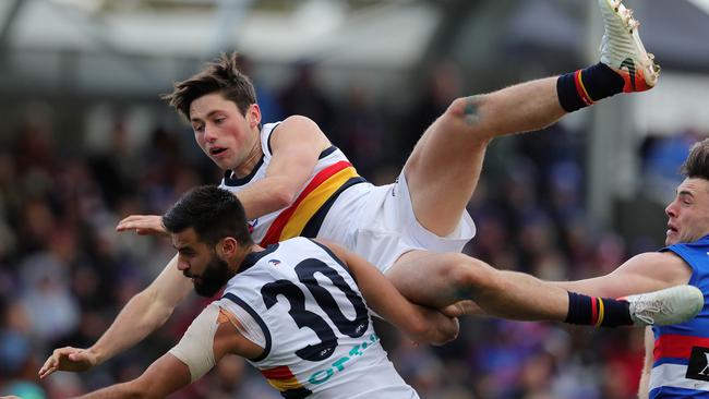 Adelaide's Chayce Jones crashes over the pack in the Crows Round 23 clash with the Western Bulldogs. Picture: Michael Klein