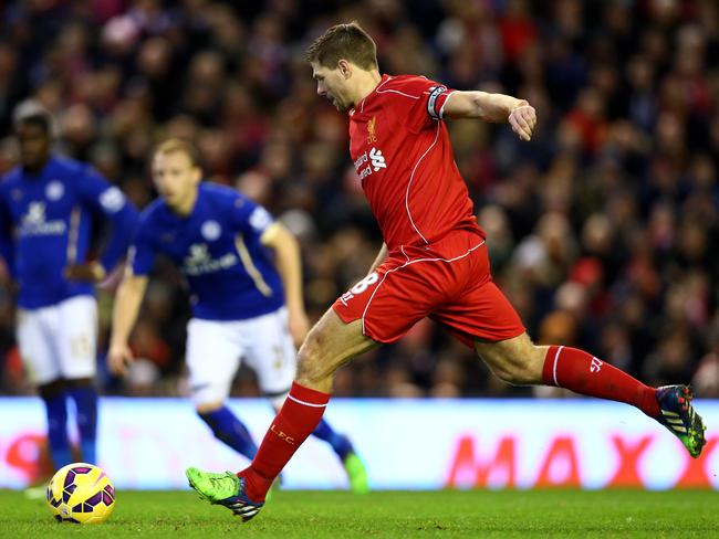 Steven Gerrard of Liverpool scores his team's second goal from the penalty spot.