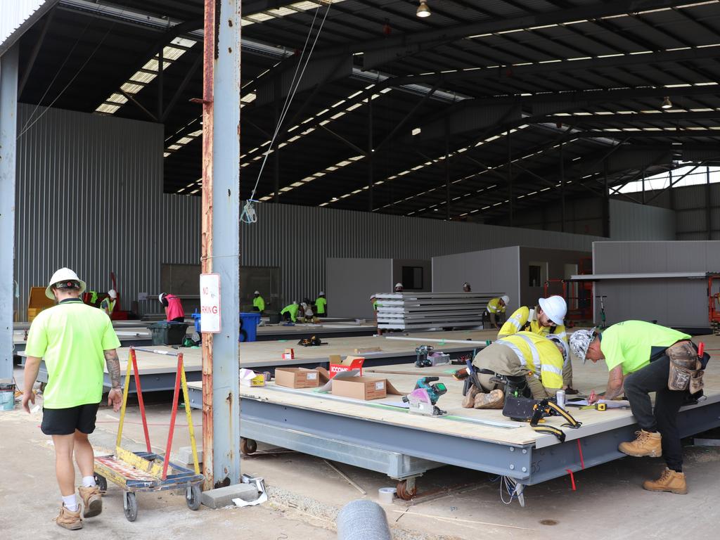 The Harristown shed where Hutchinson Builders are constructing 264 modular facilities that will form part of the new Queensland Regional Accommodation Centre at Wellcamp.