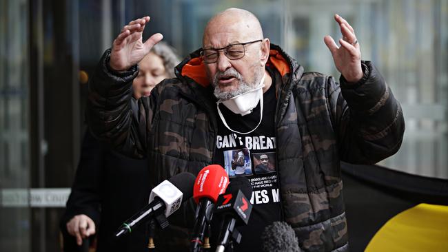 Raul Bassi, Black Lives Matter protester, speaks to the media out the front of The Supreme Court in Sydney on Sunday. Picture: Adam Yip