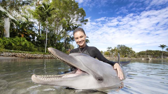 Marine mammal trainer Brooke Pelizzari bonding with dolphin Scooter at Sea World. Picture: NIGEL HALLETT