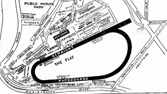 Map of Flemington Racecourse depicting the “racecourse flat” in 1924. Source: The Weekly Times