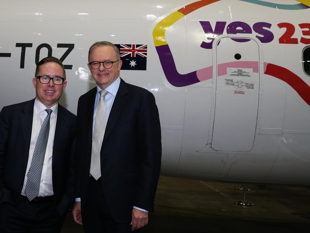 Joyce and Albanese at the launch of the Qantas 'Yes' Campaign. Picture: NCA Newswire / Gaye Gerard