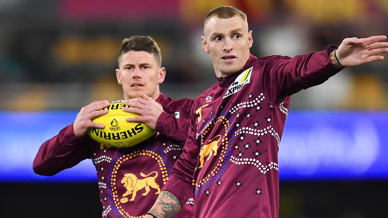 Dayne Zorko and Mitch Robinson before taking on the Saints. Picture: Albert Perez/AFL Photos/via Getty Images