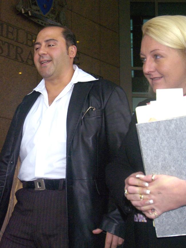 Tony Mokbel outside Melbourne Magistrates’ Court with Nicola Gobbo. 