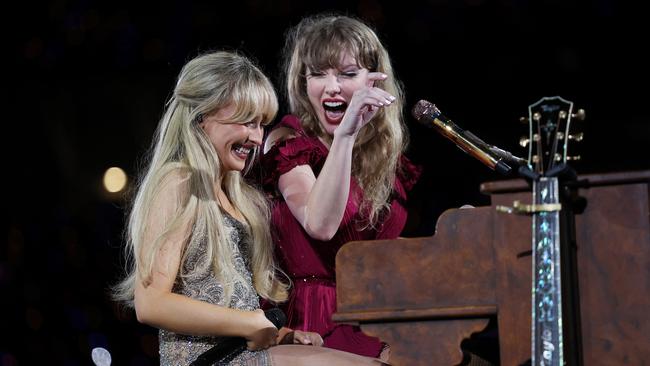 Carpenter (left) on stage with Swift in Sydney back in February. Picture: Don Arnold/TAS24/Getty