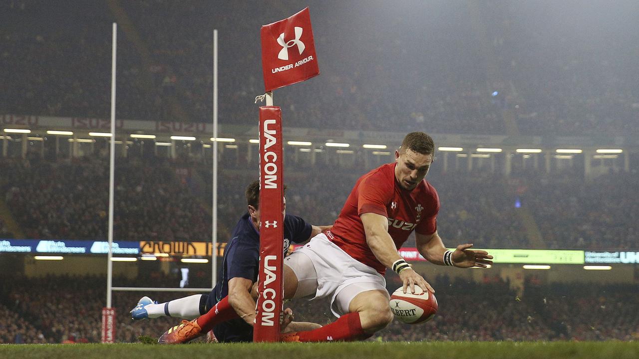 Wales winger George North scores a try — which was later disallowed in Cardiff.