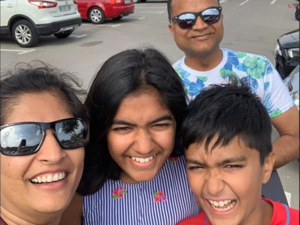 Monu with her husband Summit and two children outside the Aqualandia water park just hours before the accident. Picture: Monu Bhagit