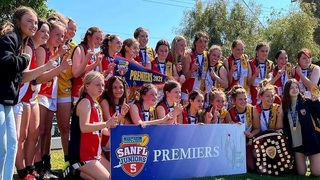 Goodwood Saints under-15 girls celebrate their 2021 premiership. Picture: Mardi Graetz