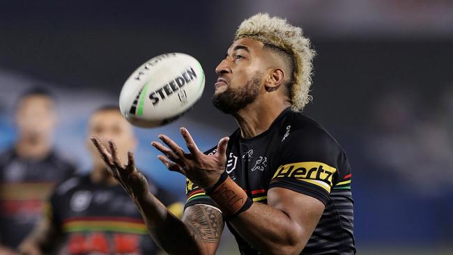 Panthers powerhouse forward Viliame Kikau gathers the ball to score the match winning try at Campbelltown Stadium Picture: AAP