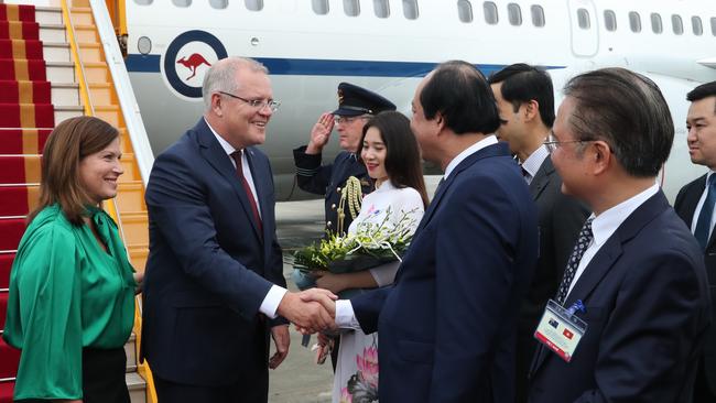 Scott Morrison and his wife Jenny arriving at Noi Bai Airport in Hanoi. Picture: Adam Taylor/PMO.