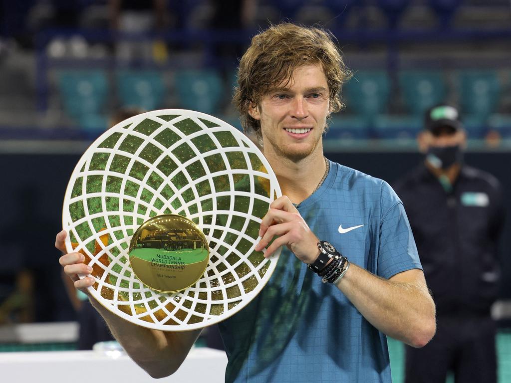 Andrey Rublev tested positive for Covid-19 after winning this month’s Mubadala World Tennis Championship. Picture: Giuseppe Cacace/AFP