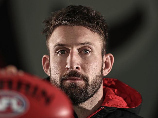 Cale Hooker poses for a photograph during an Essendon Bombers media session at The Hangar in Tullamarine, Melbourne, Thursday, August 29, 2019. (AAP Image/Scott Barbour) NO ARCHIVING