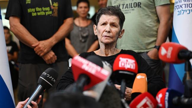 Yocheved Lifshitz speaks to the media outside Ichilov Hospital after she was released by Hamas last night, on October 24, 2023 in Tel Aviv, Israel. Picture: Alexi J. Rosenfeld/Getty Images