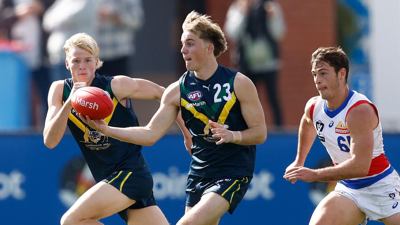 MELBOURNE, AUSTRALIA - APRIL 27: Tom Gross of the AFL Academy in action during the 2024 AFL Academy match between the Marsh AFL National Academy Boys and Footscray Bulldogs at Whitten Oval on April 27, 2024 in Melbourne, Australia. (Photo by Michael Willson/AFL Photos via Getty Images)