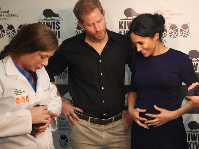 Meghan appears to cradle her bump during a visit to the National Kiwi Hatchery at Rainbow Springs. Picture: Getty Images