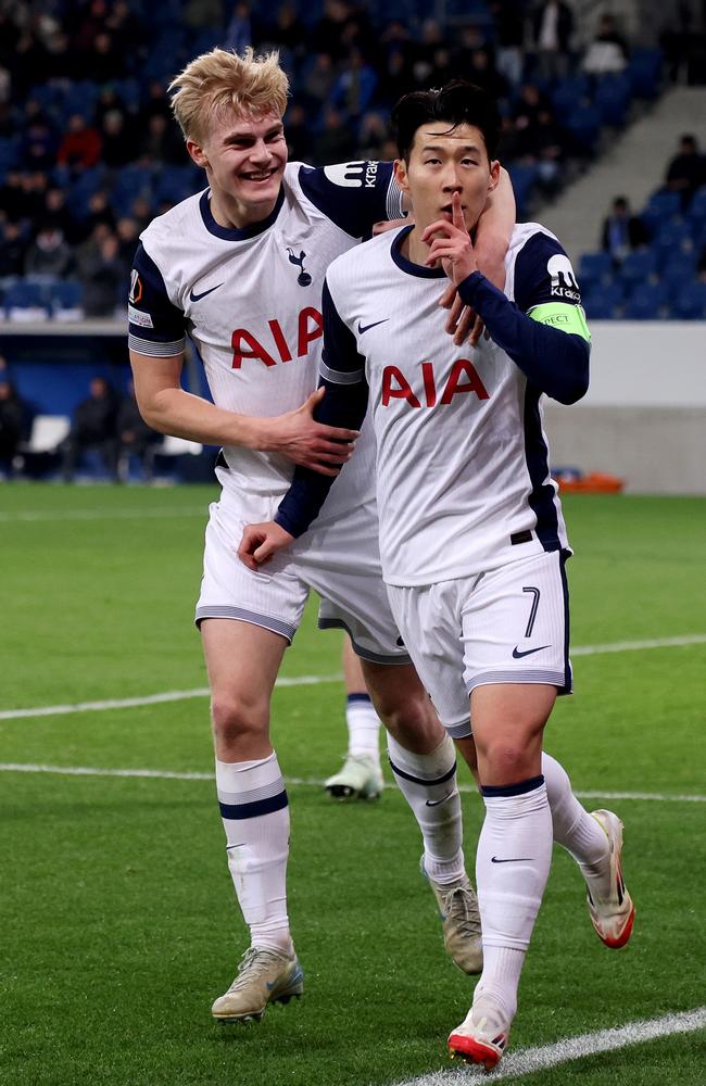 Son Heung-Min celebrates with teammate Lucas Bergvall. Picture: Alex Grimm/Getty Images