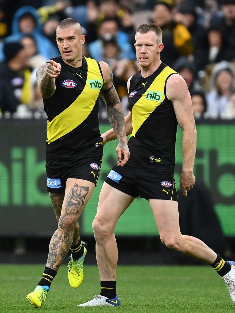 Dustin Martin enjoys a goal on his return.