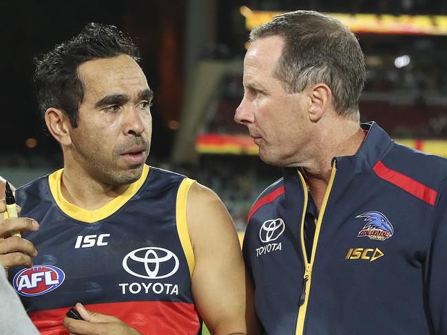 AFL - Round 22 - Adelaide Crows v Collingwood at Adelaide Oval. Eddie Betts with Don Pyke after the loss .Picture SARAH REED