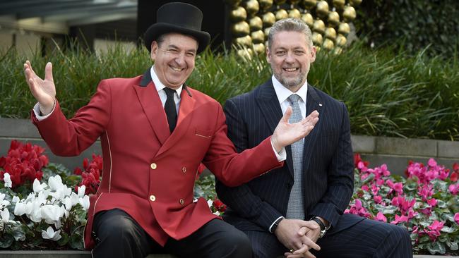 Doorman Vincenzo Iaconis with Crown Resorts chief executive Ciaran Carruthers. Picture: Andrew Henshaw