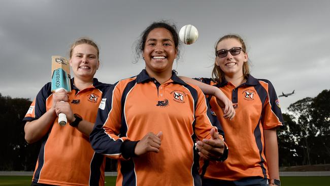 Darcie Brown (right) with Northern Districts teammates Sam Betts and Tabatha Saville after the Jets’ Australian record 50-over score. Picture: Naomi Jellicoe