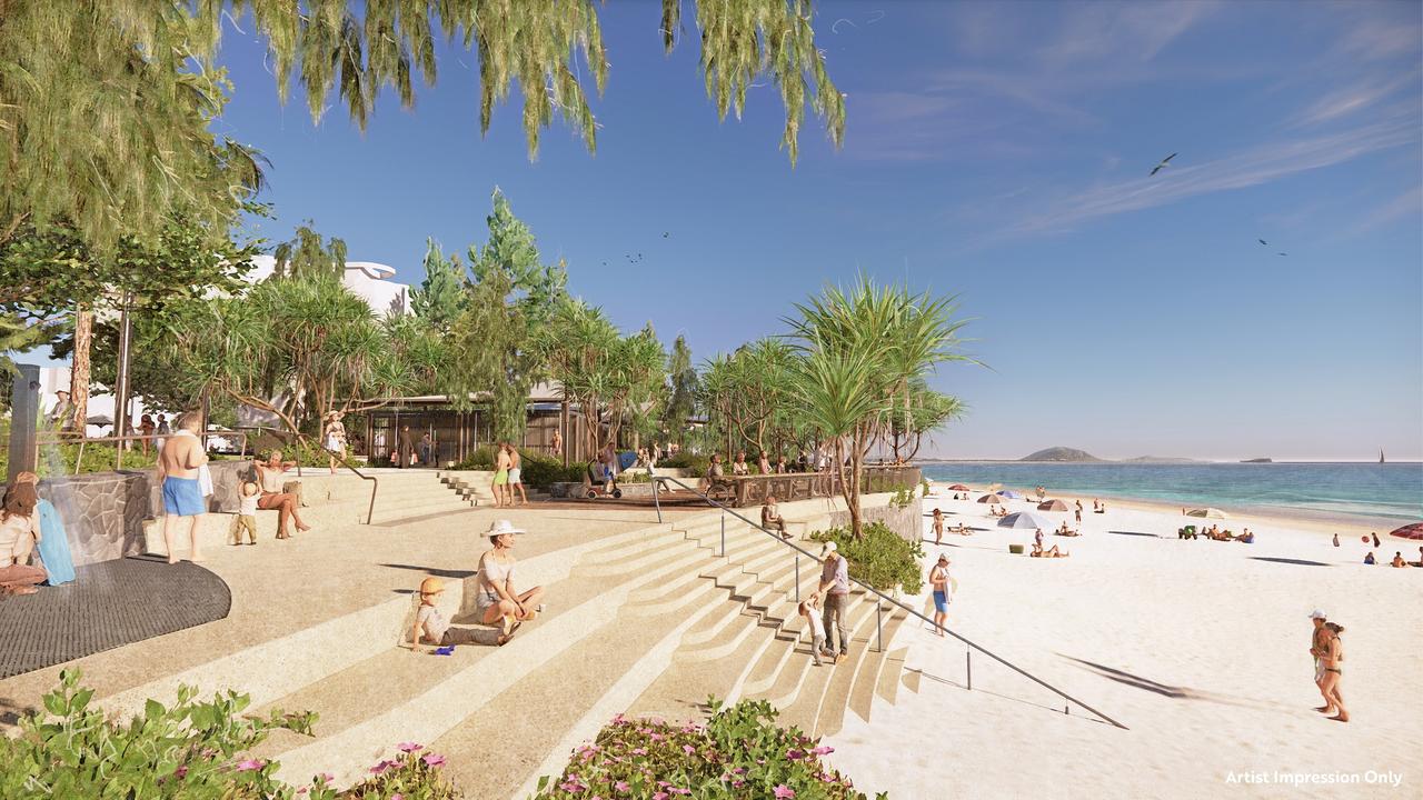 An artist's impression of the terraced seawall planned to provide easier access to Mooloolaba beach with additional places to sit under shade trees.