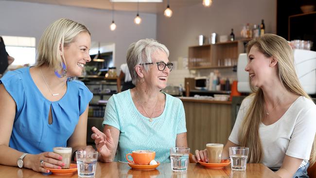 Kate Cashman, 33, lecturer and business owner Maureen Coombe, 69, retiree and Erica Campbell-Graham, 21, uni student discuss Tasmania for 2022 campaign Picture: LUKE BOWDEN