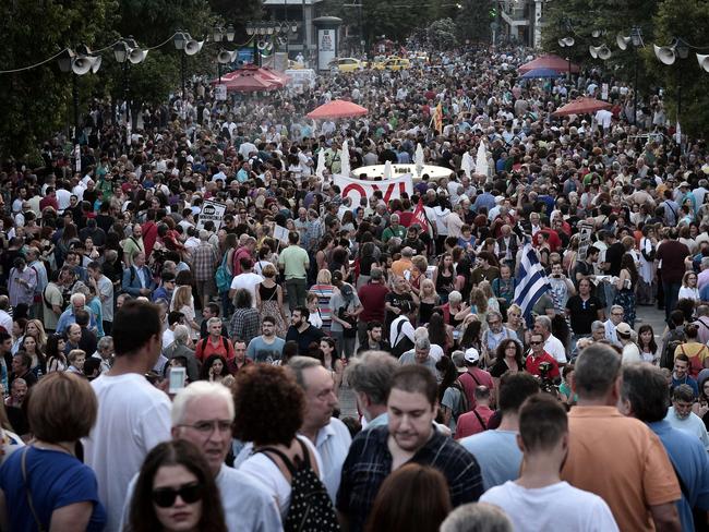 Thousands of people have turned out to protest in Athens, saying ‘no’ to the bail out offer from the EU. Picture: AFP. LOUISA GOULIAMAKI