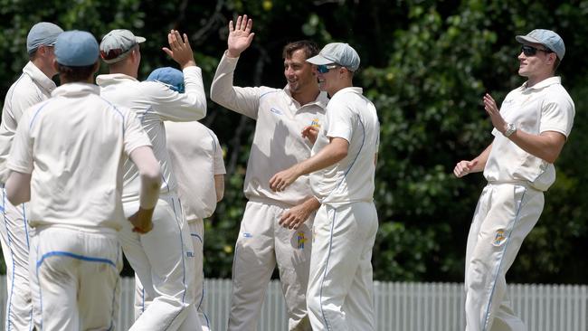 Men's Queensland Premier Cricket - Gold Coast Dolphins vs. Sandgate-Redcliffe. Dolphins bowler Liam Hope-Shackley celebrates a wicket. (Photo/Steve Holland)