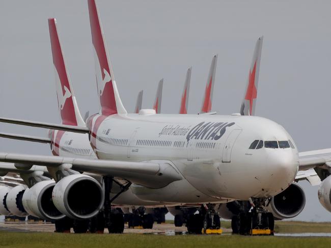 01/04/2020: Two Qantas A330's sit parked in front of nine Jetstar 787's at Avalon. QANTAS, Jetstar & Virgin airlines are storing a large number of their aircraft at Avalon Airport, near Geelong, as the Coronavirus brings air travel to a near halt. Stuart McEvoy/The Australian.