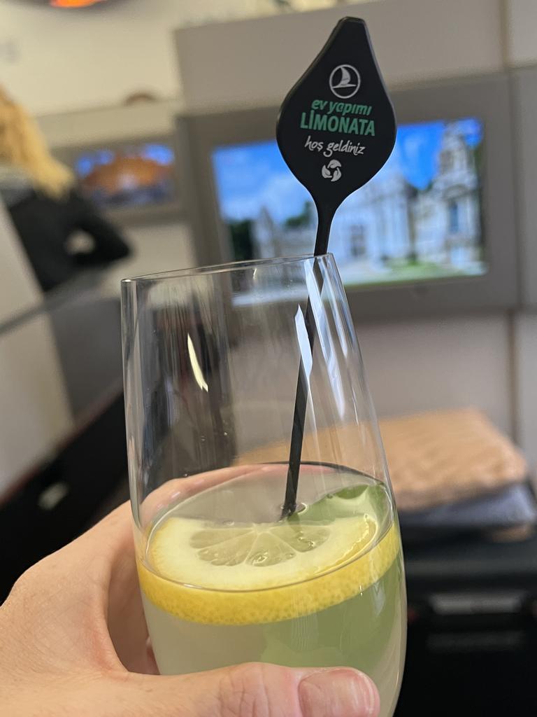 Business class passengers were offered a selection of refreshing juices before takeoff. Picture: Victoria Nielsen/news.com.au