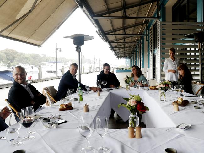 Ecovis Clark Jacobs staff enjoy a work lunch in Woolloomooloo, Sydney, on Friday, 15 May, 2020. Restaurants are now taking bookings of up to ten people following the easing of some COVID-19 restrictions in NSW from today. Picture: Nikki Short