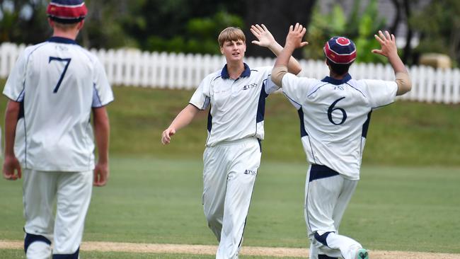 TSS bowler Cameron Sinfield celebrates a wicketGPS First XI match between Nudgee College and TSS. Saturday February 3, 2024. Picture, John Gass