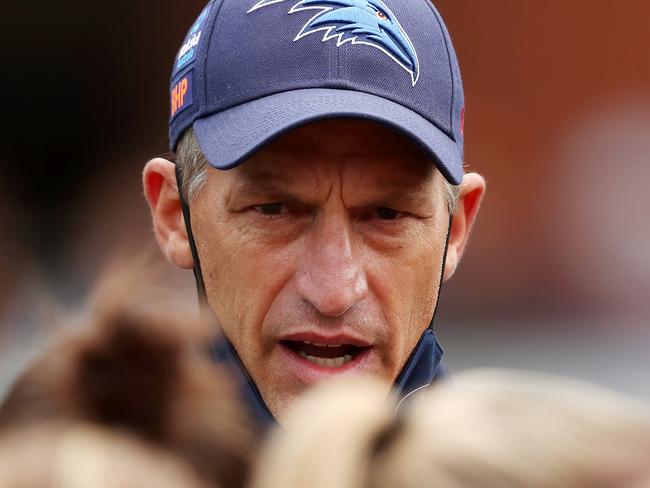 ADELAIDE, AUSTRALIA - APRIL 01: Matthew Clarke, Senior Coach of the Crows during the 2022 AFL Round 03 match between the Adelaide Crows and the Port Adelaide Power at Adelaide Oval on April 01, 2022 In Adelaide, Australia. (Photo by Sarah Reed/AFL Photos via Getty Images)