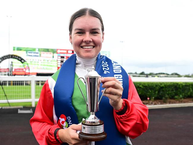 Cejay Graham lands the biggest win of her career on Kintyre in the Group 2 Queensland Guineas at Eagle Farm for trainer Gary Portelli. Picture: Grant Peters - Trackside Photography.