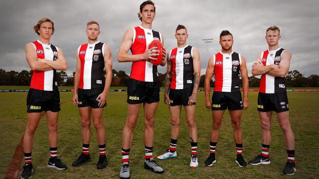 St Kilda's 2018 draftees (from left) Jack Bytel, Callum Wilkie, Max King, Matthew Parker, Robbie Young and Nick Hind.