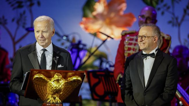 US President Joe Biden and Prime Minister of Australia Anthony Albanese toast before the start of the state dinner to the White House on October 25, 2023 in Washington, DC. President Biden and the first lady are hosting Prime Minister Albanese and his partner Jodie Haydon for a state dinner. Picture: Tasos Katopodis/Gettyimages