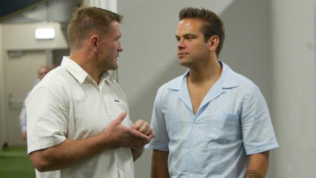 Shane Webcke and Lachlan Murdoch after a Broncos game in 2004.