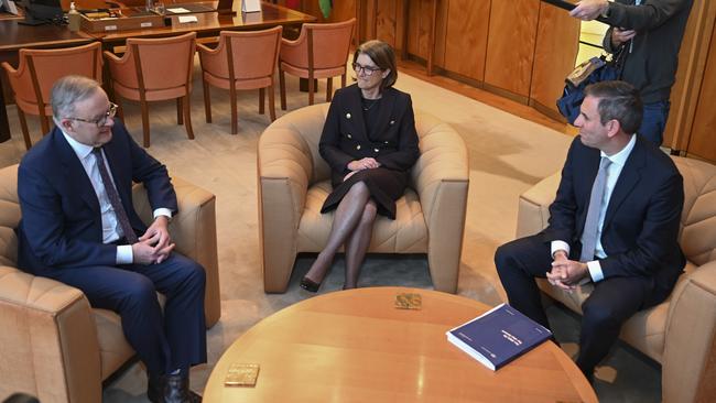 CANBERRA, AUSTRALIA, NewsWire Photos. JULY 14, 2023: The Prime Minister, Anthony Albanese and Treasurer, Jim Chalmers with Michele Bullock the Next Reserve Bank of Australia Governor at  Parliament House in Canberra. Picture: NCA NewsWire / Martin Ollman