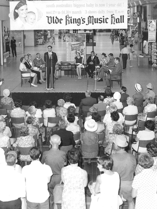 Liberal Premier Steele Hall speaks at Marion's first birthday celebration in 1969.