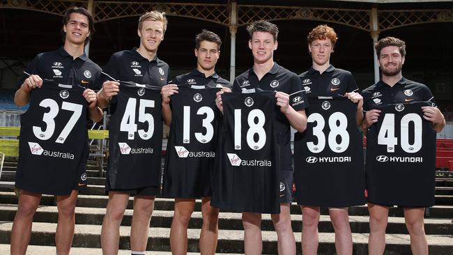 Carlton recruits (from left) Ben Silvagni, Hugh Goddard, Liam Stocker, Sam Walsh, Finbar O'Dwyer and Tomas Bugg. Picture: Michael Klein