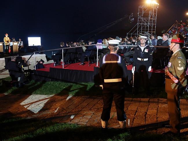 Military presence ... Officers stand at attention at the Anzac Day dawn service at Anzac Cove in Gallipoli. Picture: Ella Pellegrini