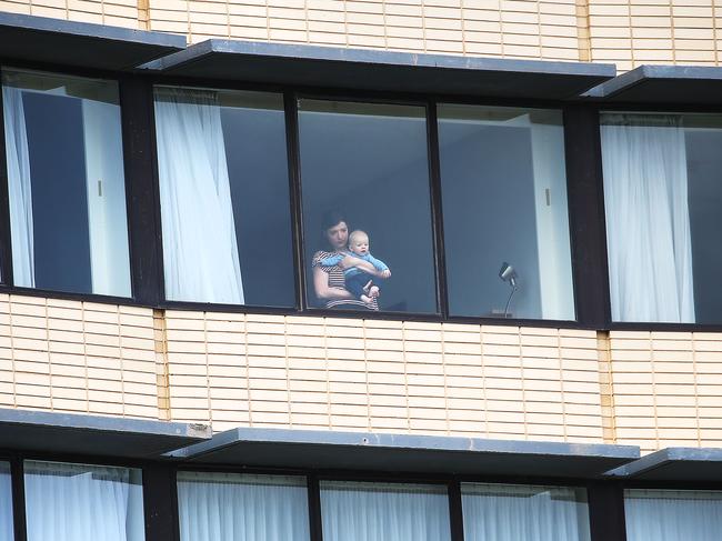 MELBOURNE, AUSTRALIA - NewsWire Photos JULY 06, 2020: Holiday Inn at Melbourne Airport is a quarantine hotel in for returned travellers.A lady holding a baby is pictured in a room. Picture:NCA NewsWire / Ian Currie