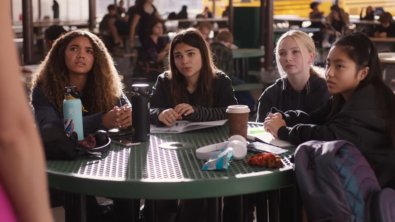 Sasha (Ariana Greenblatt; second, left) and her three friends (played by McKenna Roberts, Sasha Milstein, and Brylee Hsu) give Barbie a harsh reality check. Picture: Warner Bros Pictures